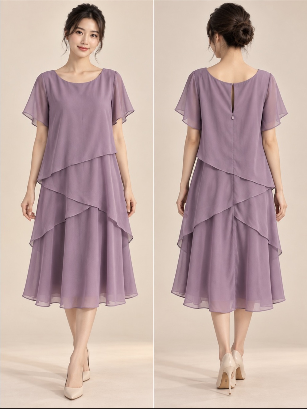 Elegant Lavender Tiered Chiffon Midi Dress with Flutter Sleeves